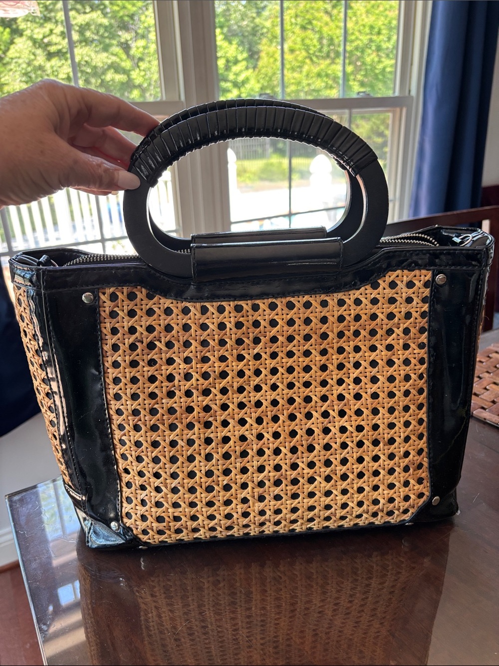 White House Black Market Black and Natural Woven Handle Satchel